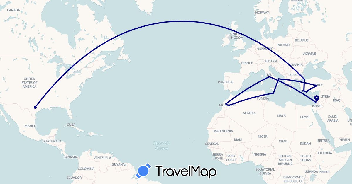 TravelMap itinerary: driving in Israel, Italy, Morocco, Malta, Turkey, United States (Africa, Asia, Europe, North America)